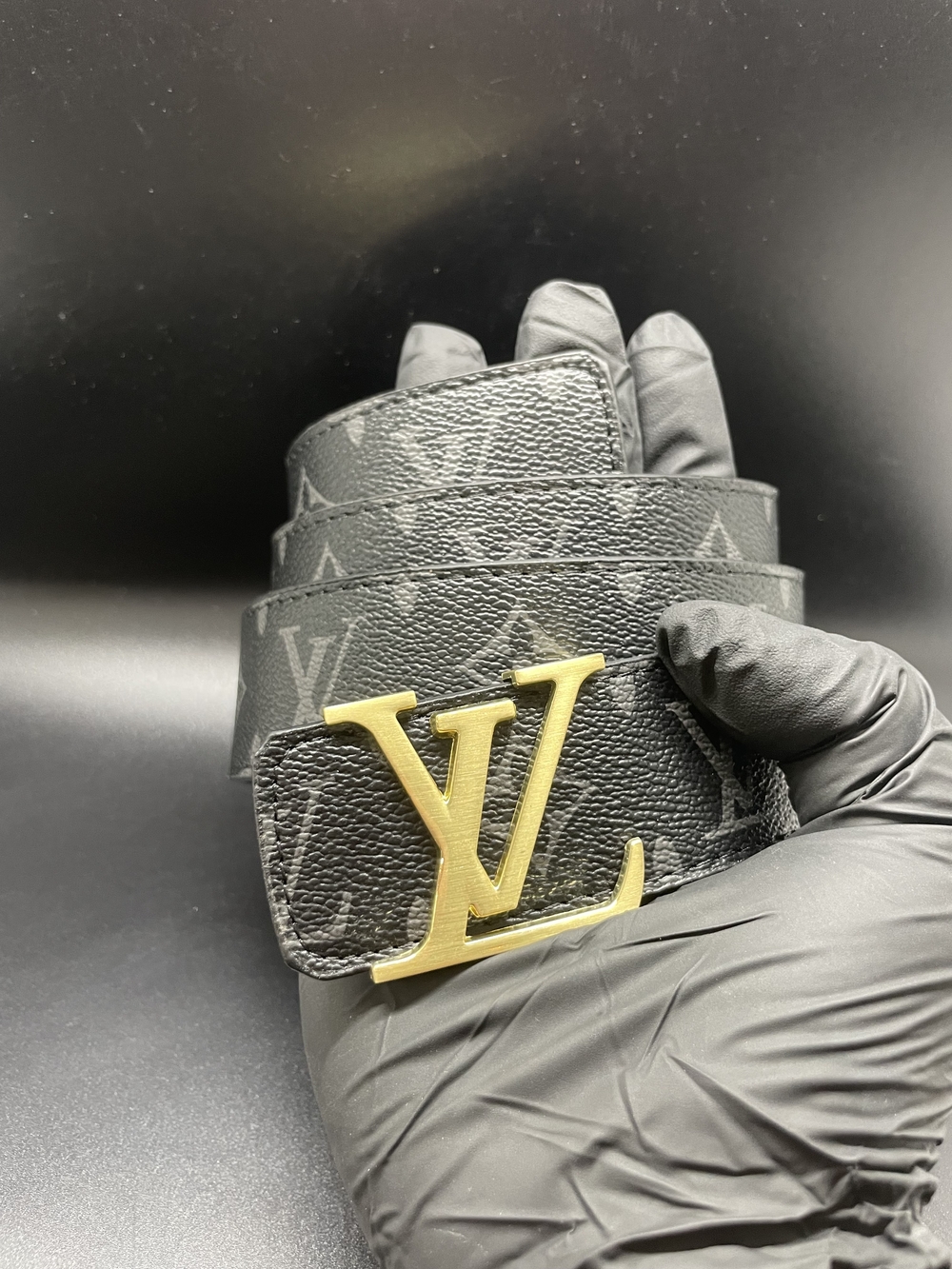 Louis Vuitton Black Monogram Belt with Gold LV Logo Buckle